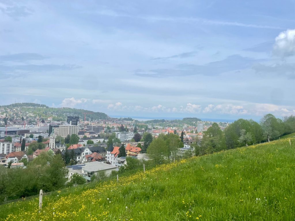 Blick auf St. Gallen und die zwei Türme seines Kantonsspitals - im Hintergrund der Bodensee